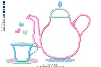 Teapot and Teacup - Applique - Machine Embroidery Design