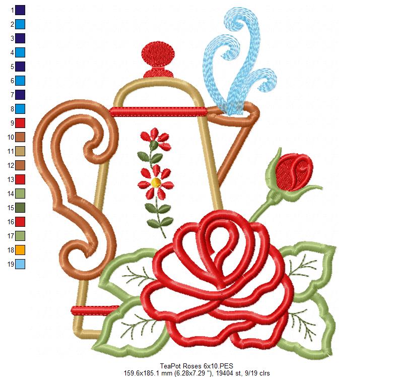 Teapot and Roses - Applique