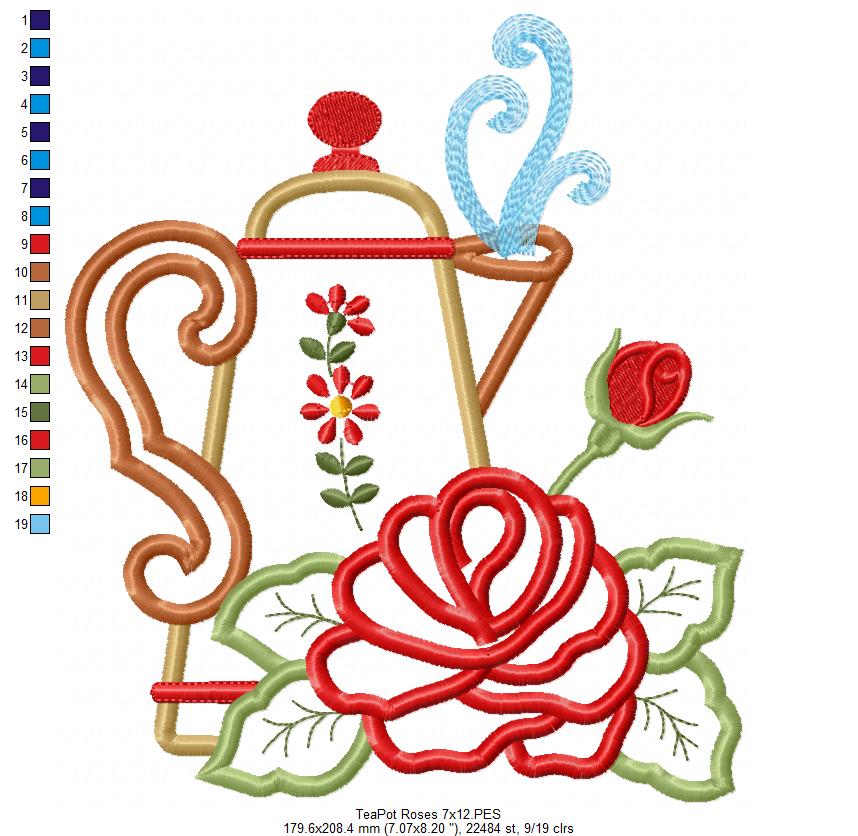 Teapot and Roses - Applique
