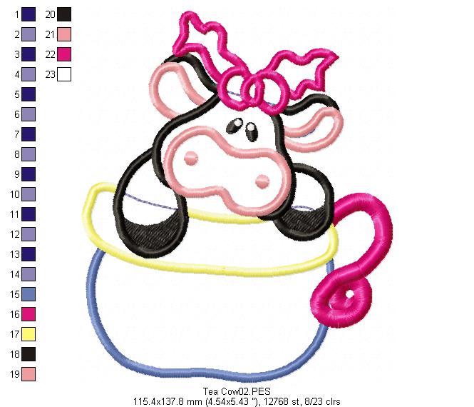 Cute Tea Cow  - Applique - Machine Embroidery Design