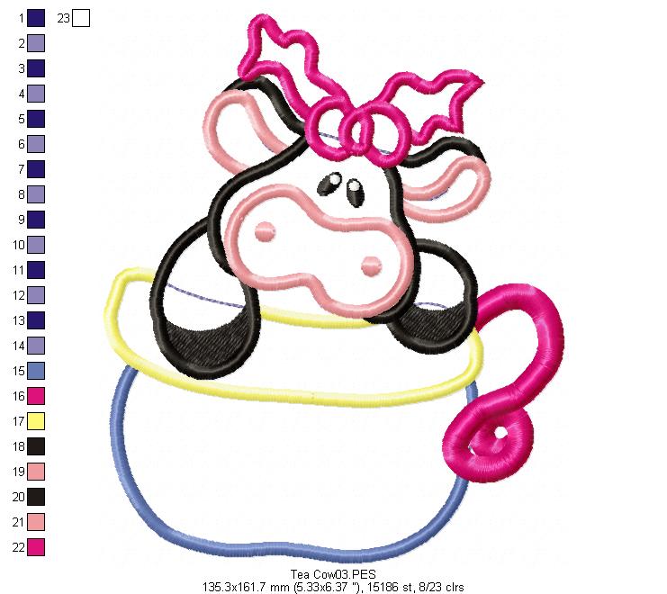 Cute Tea Cow  - Applique - Machine Embroidery Design