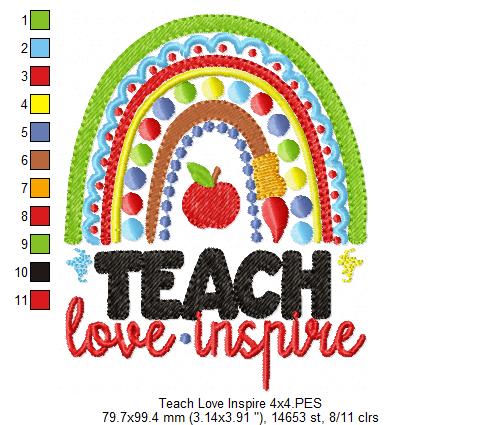 Boho Rainbow Teach Love Inspire - Fill Stitch - Machine Embroidery Design