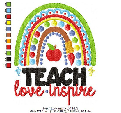 Boho Rainbow Teach Love Inspire - Fill Stitch - Machine Embroidery Design