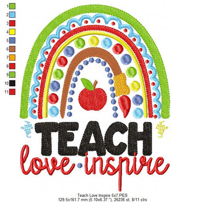 Boho Rainbow Teach Love Inspire - Fill Stitch - Machine Embroidery Design