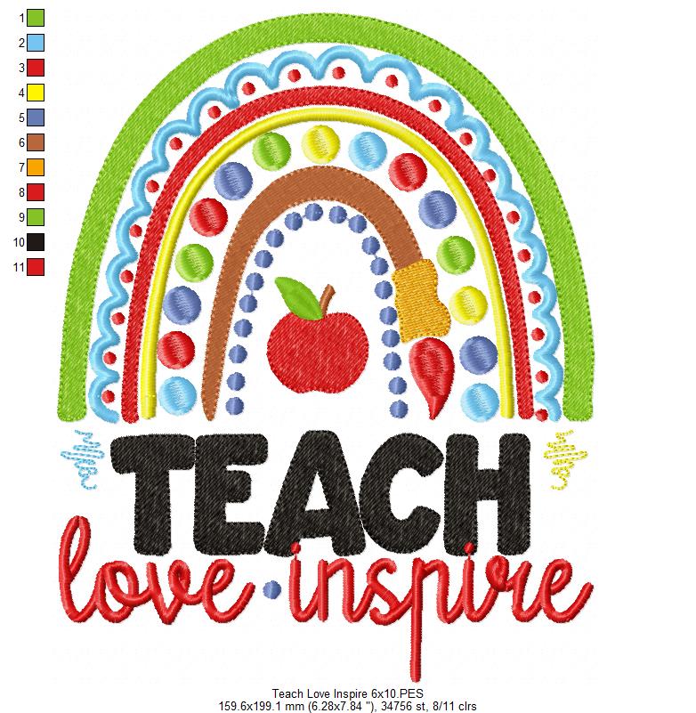 Boho Rainbow Teach Love Inspire - Fill Stitch - Machine Embroidery Design