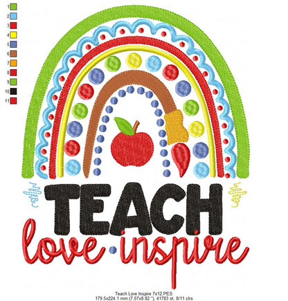 Boho Rainbow Teach Love Inspire - Fill Stitch - Machine Embroidery Design