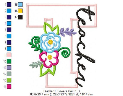 Floral Teacher Letter T – Appliqué – Machine Embroidery Design