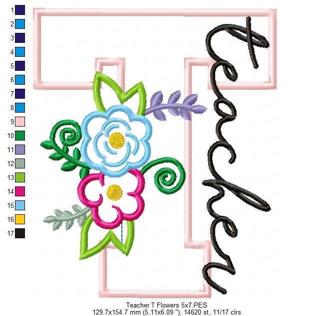 Floral Teacher Letter T – Appliqué – Machine Embroidery Design