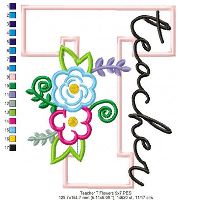Floral Teacher Letter T – Appliqué – Machine Embroidery Design