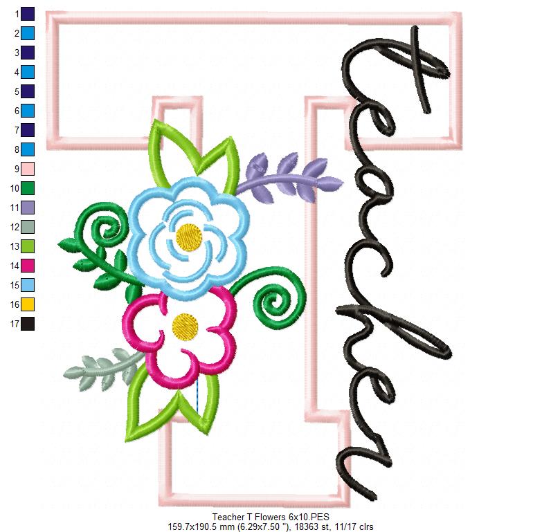 Floral Teacher Letter T – Appliqué – Machine Embroidery Design