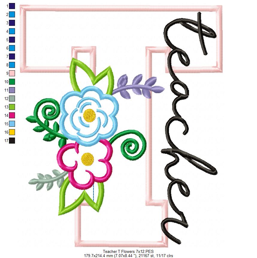 Floral Teacher Letter T – Appliqué – Machine Embroidery Design