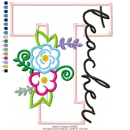 Floral Teacher Letter T – Appliqué – Machine Embroidery Design
