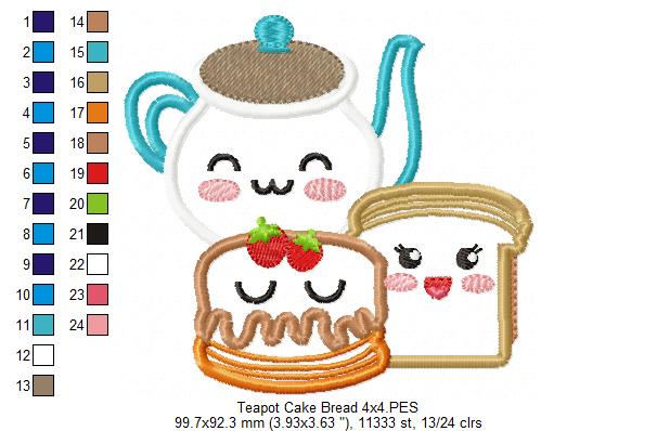 Happy Teapot, Cake and Bread - Applique
