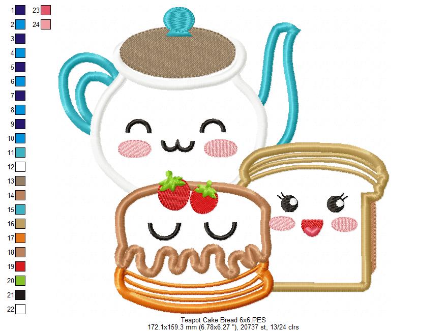 Happy Teapot, Cake and Bread - Applique