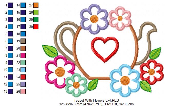 Teapot and Flowers - Applique - Machine Embroidery Design
