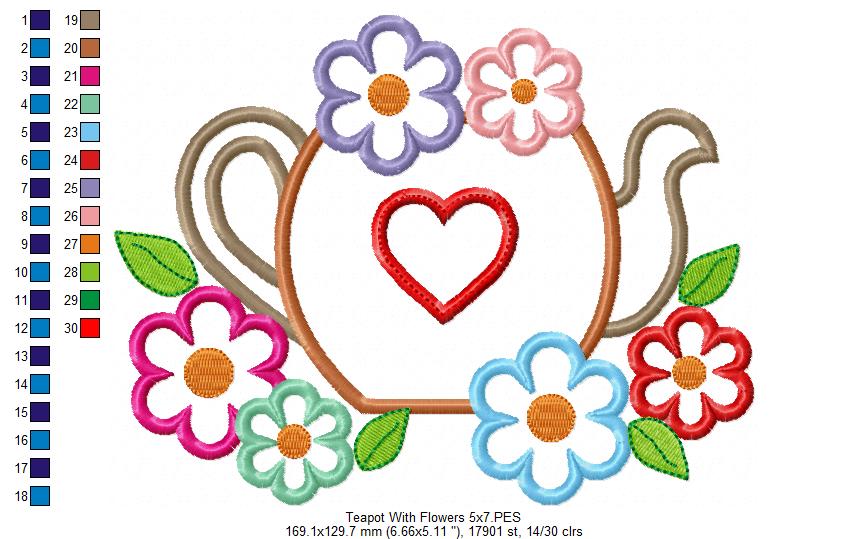 Teapot and Flowers - Applique - Machine Embroidery Design