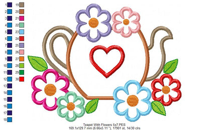 Teapot and Flowers - Applique - Machine Embroidery Design