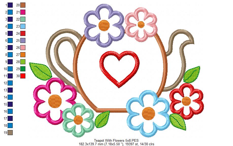 Teapot and Flowers - Applique - Machine Embroidery Design