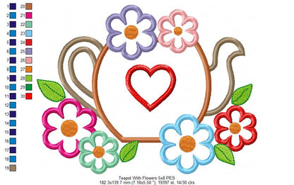 Teapot and Flowers - Applique - Machine Embroidery Design