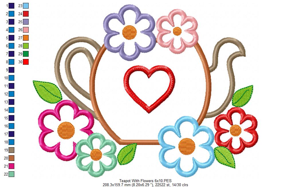 Teapot and Flowers - Applique - Machine Embroidery Design