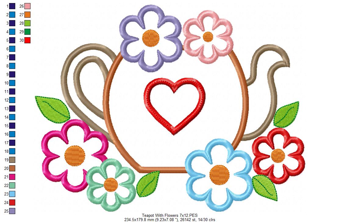 Teapot and Flowers - Applique - Machine Embroidery Design
