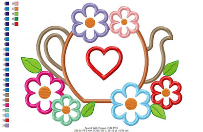 Teapot and Flowers - Applique - Machine Embroidery Design