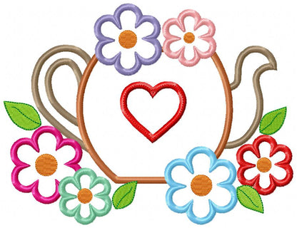 Teapot and Flowers - Applique - Machine Embroidery Design