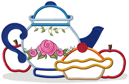 Teapot, Apples and Pie - Applique - Machine Embroidery Design