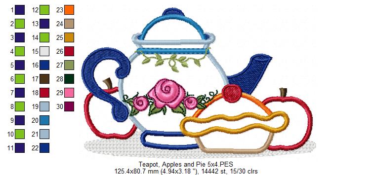 Teapot, Apples and Pie - Applique - Machine Embroidery Design