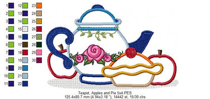 Teapot, Apples and Pie - Applique - Machine Embroidery Design