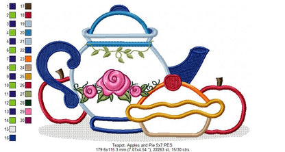 Teapot, Apples and Pie - Applique - Machine Embroidery Design