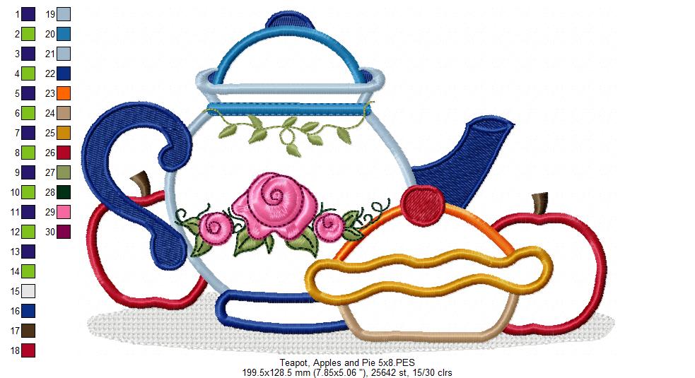 Teapot, Apples and Pie - Applique - Machine Embroidery Design