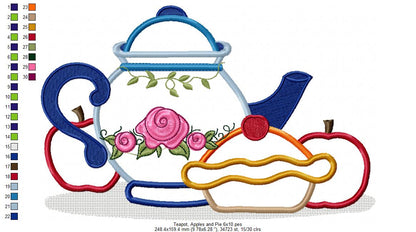 Teapot, Apples and Pie - Applique - Machine Embroidery Design
