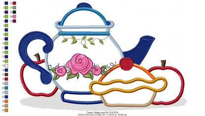Teapot, Apples and Pie - Applique - Machine Embroidery Design