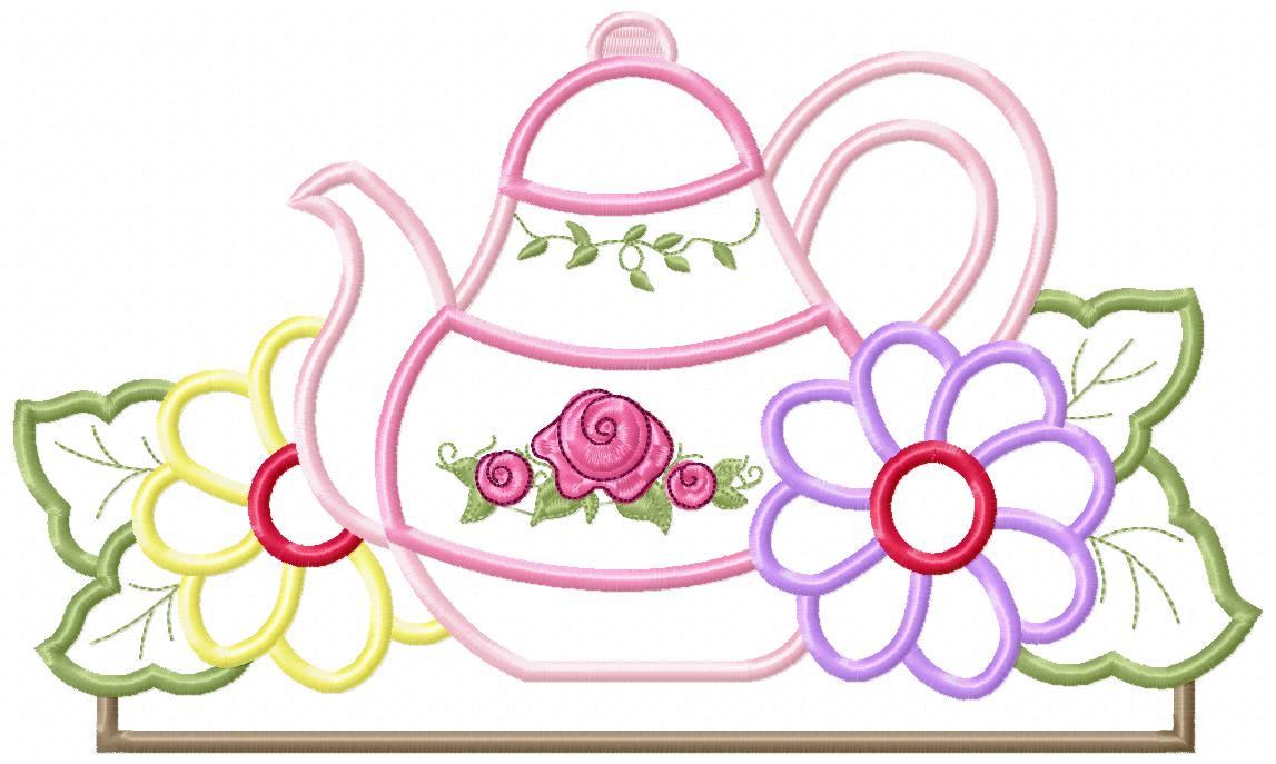 Kitchen Teapot and Flowers - Applique Embroidery