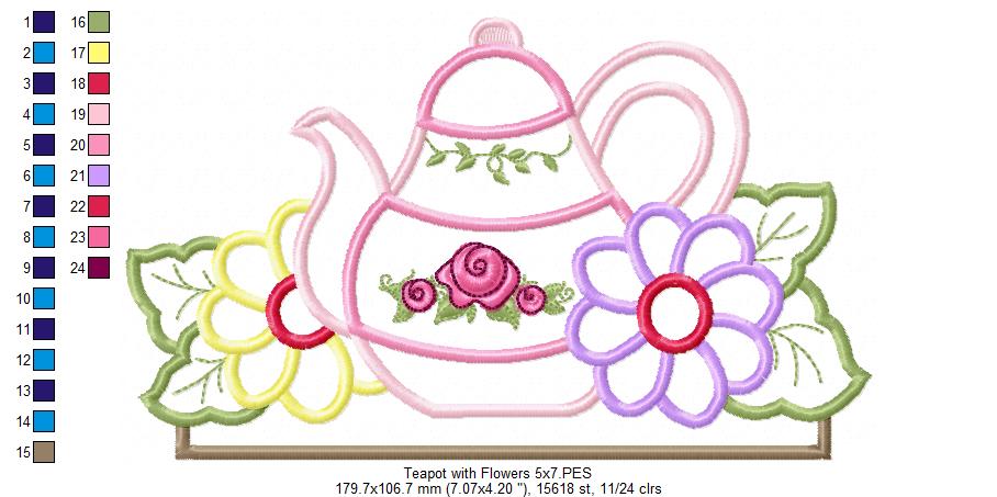 Kitchen Teapot and Flowers - Applique Embroidery