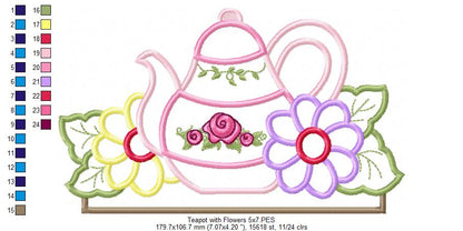 Kitchen Teapot and Flowers - Applique Embroidery