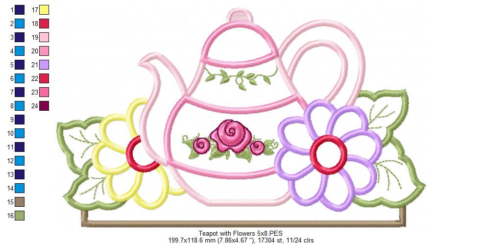 Kitchen Teapot and Flowers - Applique Embroidery