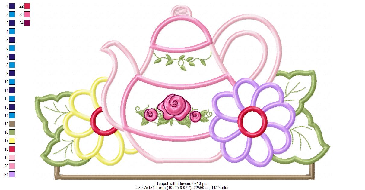 Kitchen Teapot and Flowers - Applique Embroidery