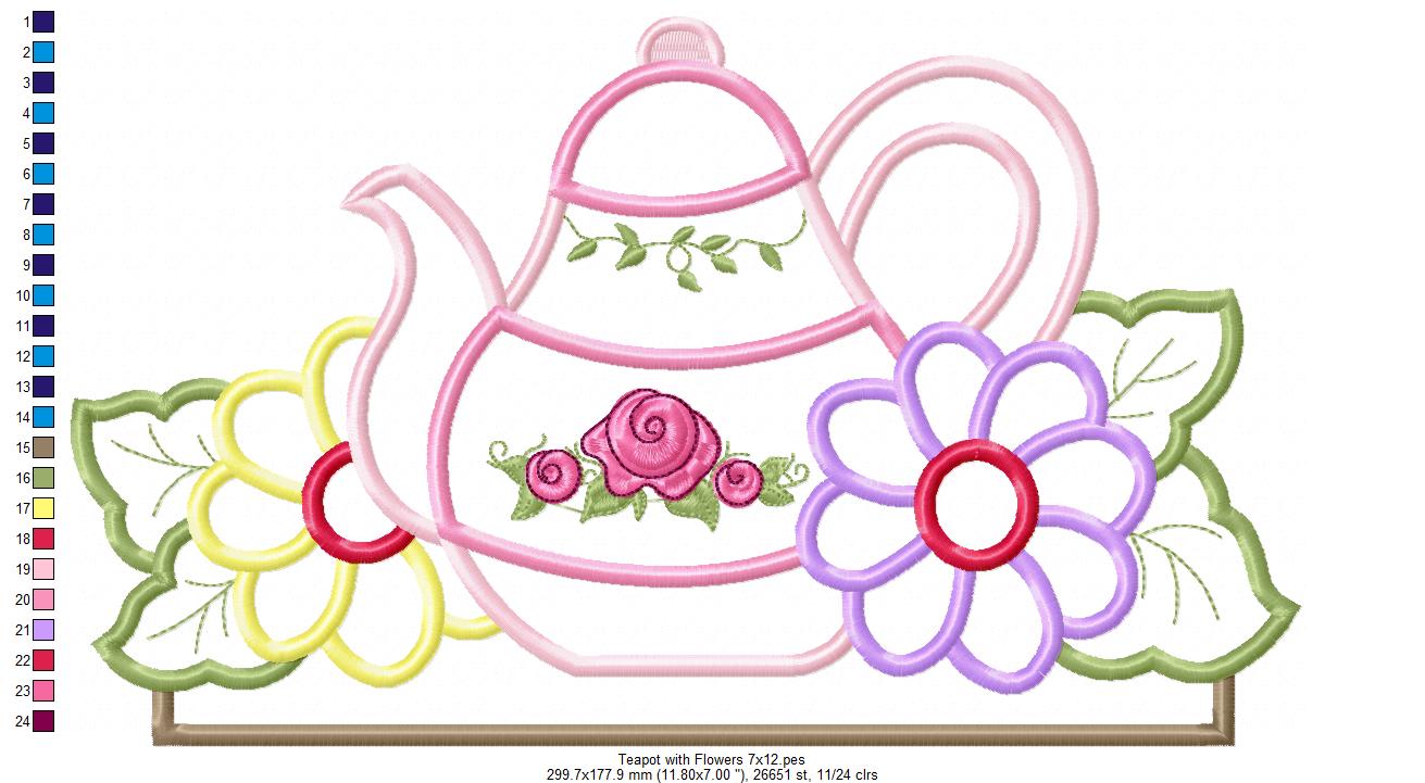 Kitchen Teapot and Flowers - Applique Embroidery
