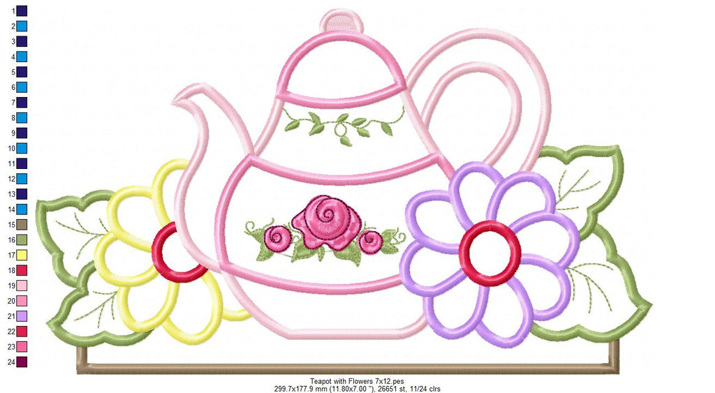 Kitchen Teapot and Flowers - Applique Embroidery