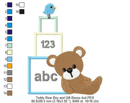 Teddy Bear Boy and Gift Boxes - Applique