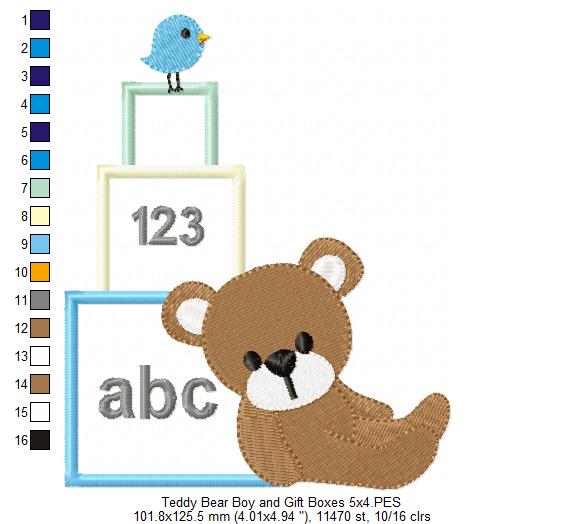 Teddy Bear Boy and Gift Boxes - Applique