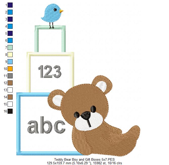 Teddy Bear Boy and Gift Boxes - Applique