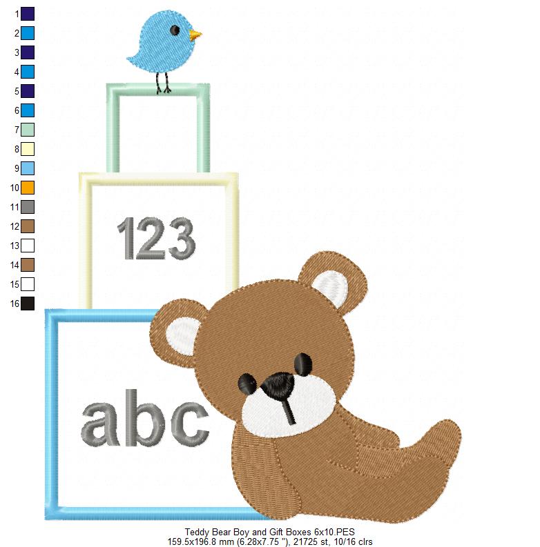 Teddy Bear Boy and Gift Boxes - Applique