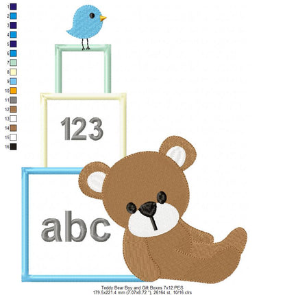 Teddy Bear Boy and Gift Boxes - Applique