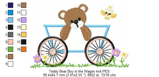 Teddy Bear Boy in the Wagon - Applique - Machine Embroidery Design