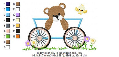 Teddy Bear Boy and Girl in the Wagon - Applique - Set of 2 designs