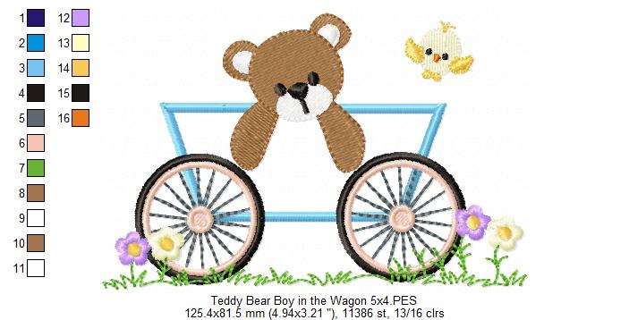 Teddy Bear Boy and Girl in the Wagon - Applique - Set of 2 designs