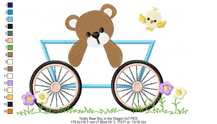 Teddy Bear Boy and Girl in the Wagon - Applique - Set of 2 designs